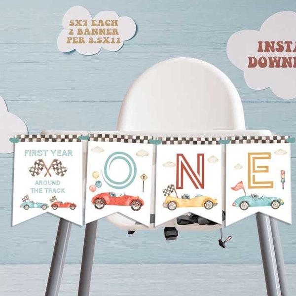 Race Car First Birthday Highchair Banner-Instant Download-Blue Racing Car-High Chair-åFast ONE-Racecar-Vintage Race Car-First Birthday-A207