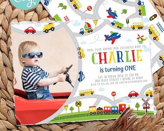 Invitación de cumpleaños con temática de transporte - Edición personalizada con Corjl - Invitación para fiesta de transporte - Avión, coche, tren, camión, barco - Primer cumpleaños - Cualquier edad - A229