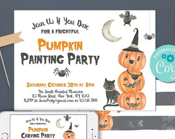 May include: Printable Halloween party invitation with a stack of three pumpkins with jack-o-lantern faces, a black cat, and bats. The text reads "Join Us If You Dare for a Frightful Pumpkin Painting Party" and includes the date, time, location, and RSVP information.