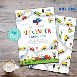 Transportation Birthday Invitation-Self-Edit with Corjl-Transportation Party Invite-Airplane Car Train Truck Boat-First Birthday-AnyAge-A229