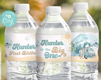 The Big ONE Surfing Birthday Water Bottle Labels-Edit Corjl-Retro-70s Van-Surf's Up-Pool-Beach-Wave-First Birthday-AnyAge-Baby Shower-S195S