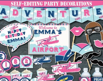 Self-Editing Pink Airplane Birthday Decoration-Airplane Party Decors-Printable Great Adventure Birthday-Aviator-First Birthday-AnyAge-A166-K