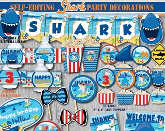 SELF-EDITING Shark Birthday Decorations-Printable Under The Sea Party-Shark Party Decors-Pool Party-Ocean Party-Shark Bite-Surfing-A122-K