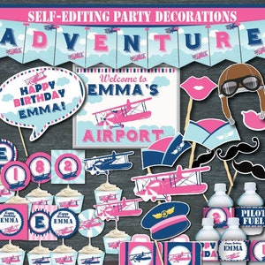 Self-Editing Pink Airplane Birthday Decoration-Airplane Party Decors-Printable Great Adventure Birthday-Aviator-First Birthday-AnyAge-A166-K