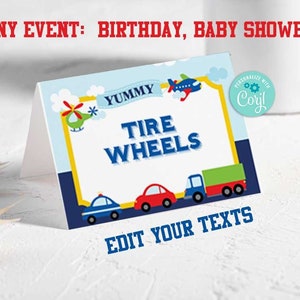 Transportation Party Food Tent-Food Label-Edit w Corjl-Transportation Birthday-Food Decor-Airplane Car Train-First Birthday-Baby Shower-A109