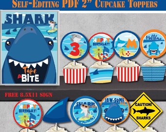 SELF-EDITING Shark Birthday Cupcake Toppers-Printable Under The Sea Party-Shark Party Circles-Pool Party-Ocean Party-Shark Bite-Surf-A122-2