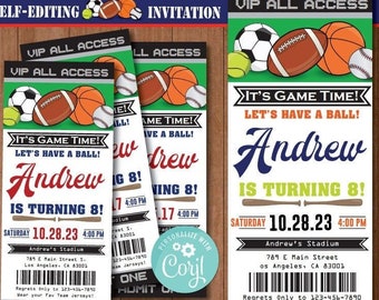 Invitación de cumpleaños de All Star Sport - Autoedición Corjl - Invitación deportiva - Boleto de fiesta All Star - Fútbol - Béisbol - Baloncesto - Fútbol - Primero - A136