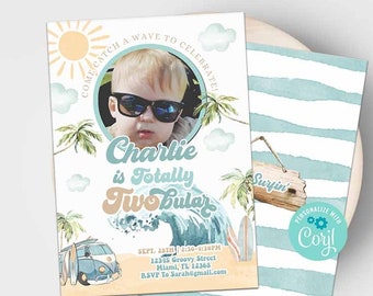 Surfing Totally Two-bular 2nd Birthday Invitation-Corjl-Surfs Up 2nd Birthday Invite-Summer Pool-Splash Splish Party-Surfing Wave-Blue-S195S