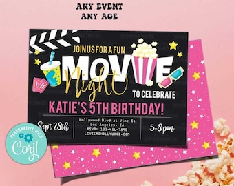 Movie Night Birthday Invitation-Self-Edit Corjl-Family Backyard Movie Night Party Invite- Slumber-Movie Time-Movie Party-Movie Ticket-A114