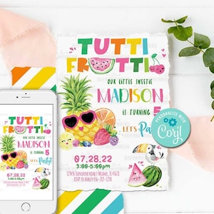 Tutti Frutti Birthday Invitation-Self-Edit w Corjl-Tutti Frutti party Invite-Summer Sweet Celebration-Pineapple-Watermelon-Any Age-A169-ct1