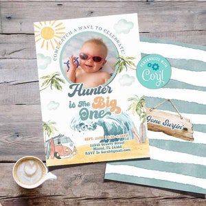The BIG ONE Birthday Invitation-Self Edit w Corjl-Surf&#39;s Up First Birthday Invite-Pool-Splash plish Party-Surfing Wave First Birthday-A195