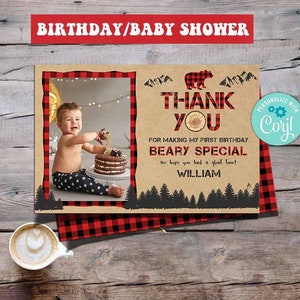 Lumberjack Party Photo Thank You Card-Corjl-Rustic Lumberjack Birthday-Wild One-Buffalo Plaid-Bear-First Birthday-AnyAge-Baby Shower-A145