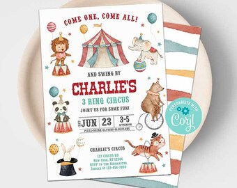 Vintage Circus Birthday Invitation-Corjl-Carnival Invite-3 Ring Circus Party-Come One Come All-Carnival Party-First Birthday-AnyAge-A223