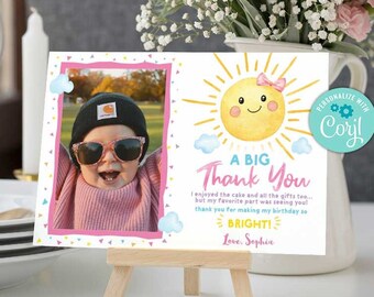 Sunshine Birthday Thank You Card with Photo (Editable Digital Download) -A159