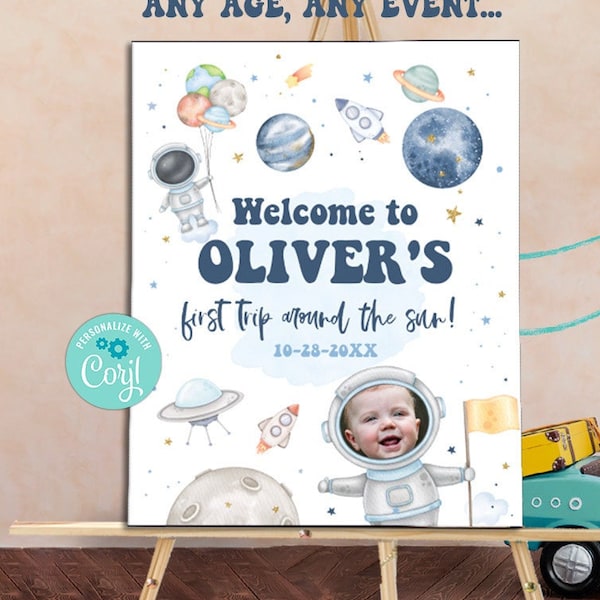 Outer Space Birthday Welcome Sign, First Trip Around the Sun (Digital Download)