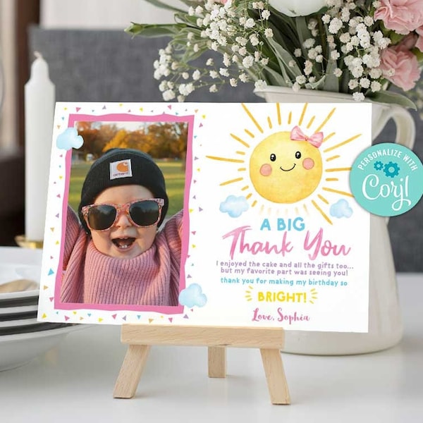 Sunshine Thank you Card-Self Edit w Corjl-Sunshine Birthday tag-You Are My Sunshine Party-Sunshine First Birthday-Photo Card-AnyAge-A159