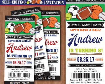 All Star Sport Birthday Invitation-SELF-EDITING Sport invitation-All Star Party Ticket-Football-Baseball-Basketball-Soccer-Tennis-A136-B