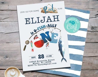 May include: A blue and white striped background with a white card on top. The card has a fishing theme and says "Elijah is O-Fish-Ally One" with a fishing rod and a fish. The card also has the date "Sept 28" and the time "1-3 PM".
