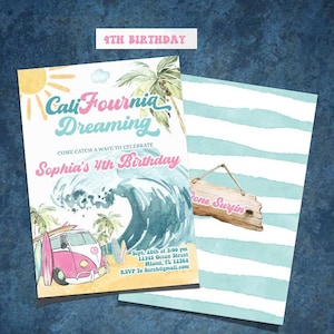 Surfing Cali-Four-nia Dreaming 4th Birthday Invitation-Self Edit w Corjl-Pink Surfs Up Invite-Pool-Surfing Wave-van-surfboard 4th BDay-A199