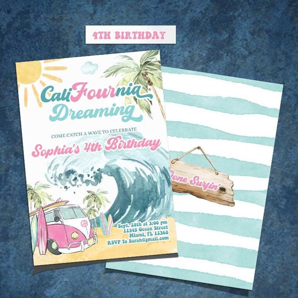 Surfing Cali-Four-nia Dreaming 4th Birthday Invitation-Self Edit w Corjl-Pink Surfs Up Invite-Pool-Surfing Wave-van-surfboard 4th BDay-A199