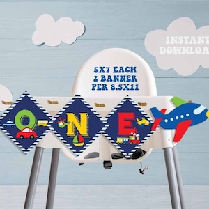 Transportation Birthday Highchair Banner-Instant Download-Transportation Party-Car Train Truck-Airplane-ONE Highchair-First Birthday-A109