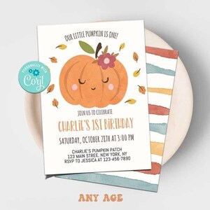 May include: A printable invitation for a first birthday party with a pumpkin theme. The invitation features a cartoon pumpkin with a smiling face and a flower on top. The text on the invitation reads "Our little pumpkin is one!" and "Charlie's 1st Birthday".