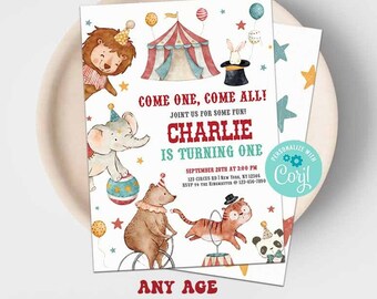 Vintage Circus Birthday Invitation-Corjl-Carnival Invite-3 Ring Circus Party-Come One Come All-Carnival Party-First Birthday-AnyAge-A223
