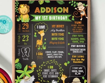 May include: A chalkboard style printable first birthday sign with a jungle theme. The sign features a cute animal illustration and the text "Addison My 1st Birthday". The sign also includes details about the child's height, weight, and other milestones.