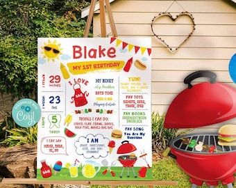 May include: A birthday party scene with a red grill, blue balloons, and a personalized sign that reads "Blake MY 1ST BIRTHDAY." The sign includes measurements in inches and fun facts. The scene is set outdoors with a wooden easel.