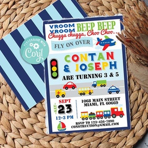Transportation Birthday Invitation-JOINT /Twin Party-Self-Edit with Corjl-Airplane Car Train Truck Boat-First Birthday-Any Age-A109-J