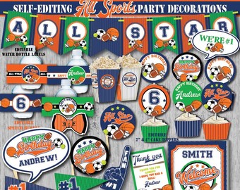 SELF-EDITING All Star Sport Birthday Decorations-Sport Party Decors-All Star Party-Football-Baseball-Basketball-Soccer-Tennis-A136-K