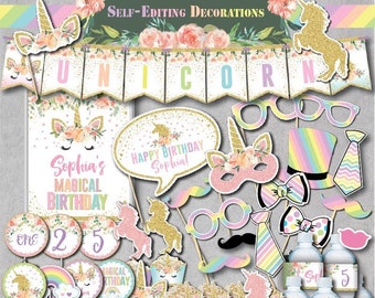 SELF-EDITING Unicorn Birthday Decoration Kit-Printable Unicorn Party Decor-Rainbow Party-Unicorn Face-Unicorn First Birthday-Any Age-A158-K1