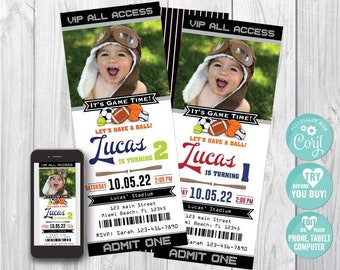 All Star Sport Birthday Invitation-Sport Photo Invite-All Star Party Ticket-Edit w Corjl-Football-Baseball-Basketball-Soccer-Tennis-A136-CP