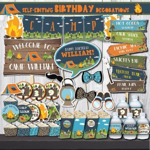 Camping Birthday Decorations Kit-Self-Editing Camp Out Party Decors-Summer Party-Bonfire-Campfire-First Camping Birthday-Any Age-A129B-K