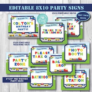 Transportation Birthday Party Signs-Self Edit Corjl-Transportation Party Signs-Airplane Train Truck First Birthday-AnyAge-Baby Shower-A109