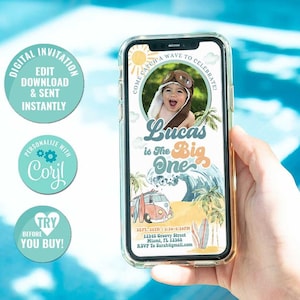 The BIG ONE Birthday E-Invite-Self Edit w Corjl-Surf&#39;s Up First Birthday Electronic Invitation-Pool Party-Surfing First Birthday Evite-A195
