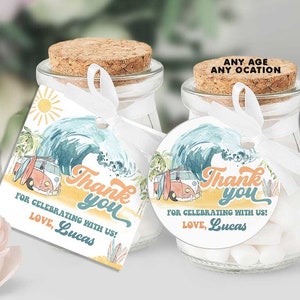 Surfing Birthday Favor Tags-The BIG ONE Birthday Thank You-Self Edit w Corjl-Surf's Up-Pool-Surf Wave-Baby shower-First Birthday-AnyAge-A195