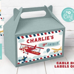 Vintage Airplane Gable Box Labels-Self-Edit Corjl-Airplane Birthday Favor Bag Tag-Gift Box Label-First Birthday-AnyAge-Baby Shower-A105