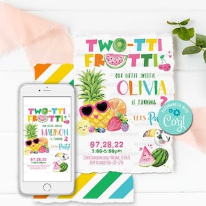 Two-tti Frutti Birthday Invitation-Self-Edit Corjl-2nd birthday ONLY-Twotti Frutti Party Invite-Summer Fruit Party-Pineapple-Watermelon-A169