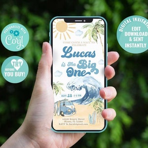 The BIG ONE Birthday E-Invite-Self Edit w Corjl-Surf&#39;s Up First Birthday Electronic Invitation-Pool Party-Surfing First Birthday Evite-A195B