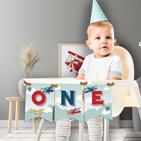 Vintage Airplane Birthday Highchair Banners-Instant Download-ONE Banners for decorations-Airplane Party-Time flies party-First Birthday-A105