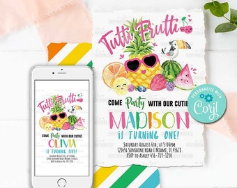 Invitación de cumpleaños Tutti Frutti - Autoedición con Corjl - Invitación para fiesta de frutas - Fiesta de verano - Fruta adorable - Piña - Primer cumpleaños - Cualquier edad - A169