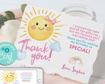 Tarjeta de agradecimiento de cumpleaños Sunshine, Baby Shower (Descarga digital editable)-A159