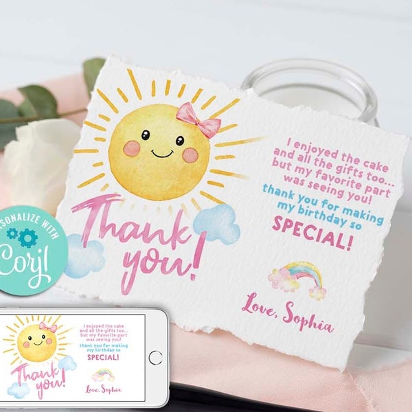 Sunshine Thank you Card-Self Edit w Corjl-Sunshine Birthday tag-You Are My Sunshine Party-Sunshine First Birthday-AnyAge-Baby Shower-A159-2