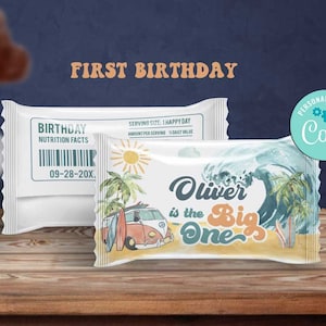 The Big One First Birthday Rice-Krispie-label-Corjl-Surf&#39;s Up 1st Birthday Snack Favor Wrapper-Pool-70s Van-Splash plish-Surfing Wave-A195