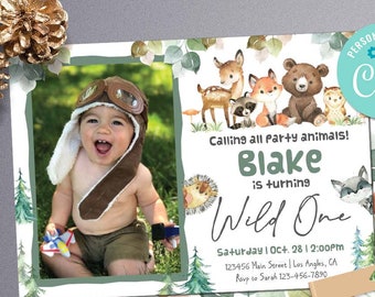 Woodland Birthday Invitation-SELF-EDITING w Corjl-Woodland Party invite-Rustic-Wild One-Forest-Let's Get Wild-First Birthday-AnyAge-A152-P