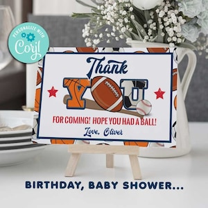 Cartão de agradecimento para festa All Star Sport - Edit w Corjl - Aniversário esportivo - Chá de bebê - Futebol americano - Beisebol - Basquete - Primeiro aniversário - Qualquer idade - A136-B423