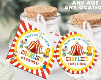 Etiquetas para recuerdos de fiesta de carnaval - Corjl - Recuerdo de cumpleaños de circo - Fiesta de circo de 3 anillos - Fiesta de carnaval - Baby Shower - Primer cumpleaños - Cualquier edad - Baby Shower - A116