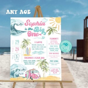The BIG ONE Birthday Milestone Poster-Edit w Corjl-Pink Surf&#39;s Up Chalkboard-Beach-Pool-Surfing Wave First Birthday-surfboard-AnyAge-A199
