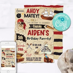 Invitación de cumpleaños pirata - Editar con Corjl - Fiesta pirata - Primera invitación pirata - Cumpleaños del capitán pirata - Mapa del tesoro - Primer cumpleaños - Cualquier edad - A178-CT